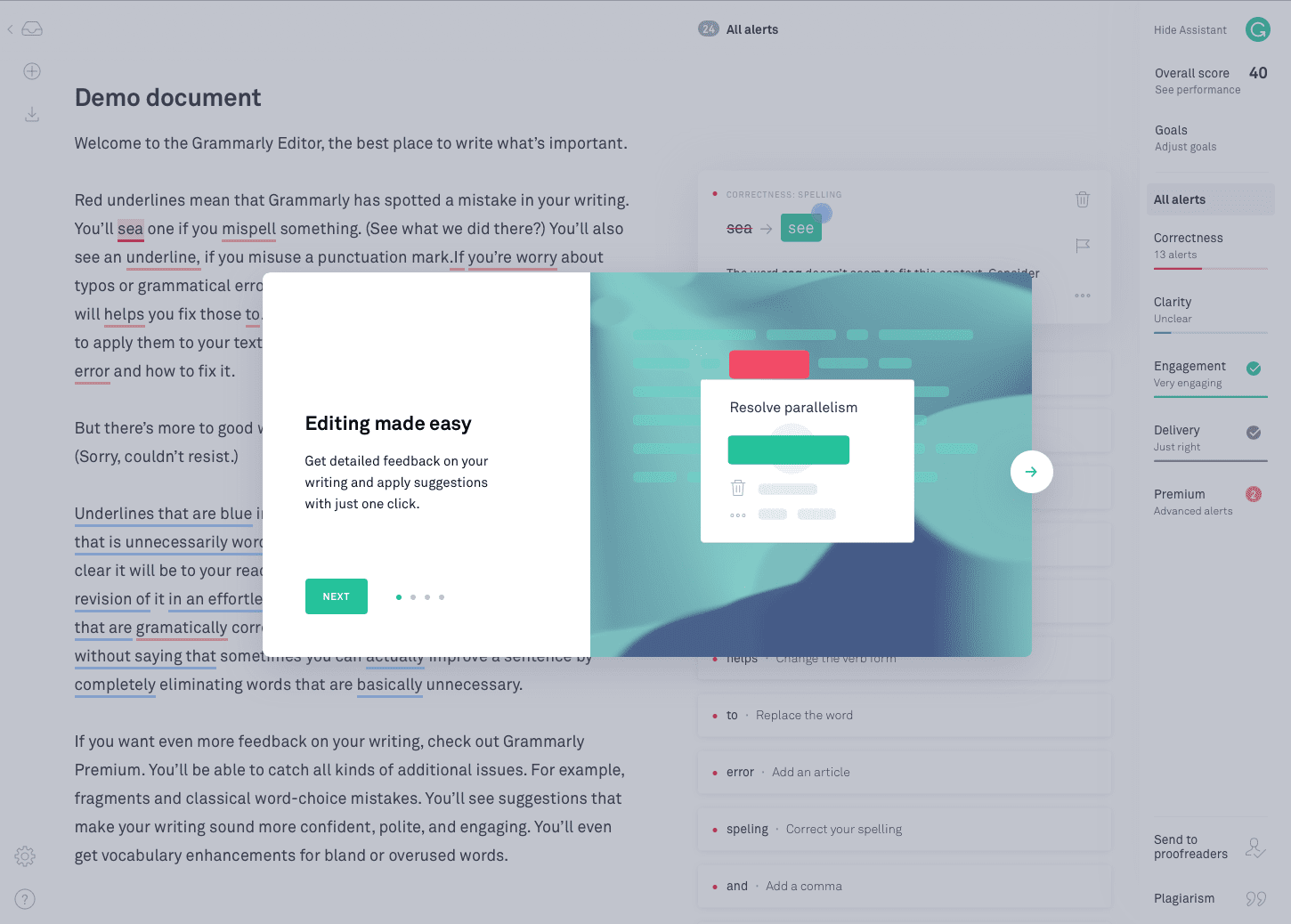 The intuitive onboarding experience of Grammarly is great for learnability