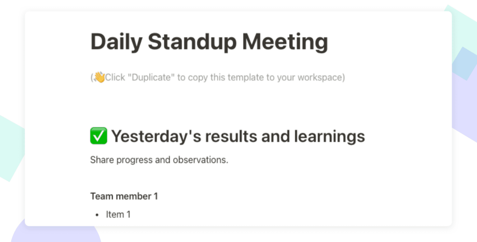 Daily standup meeting and template for engineers and devs