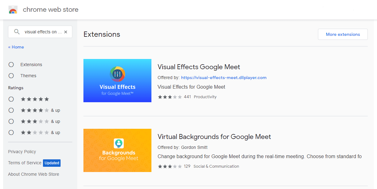 visual effects for google meet chrome extensions