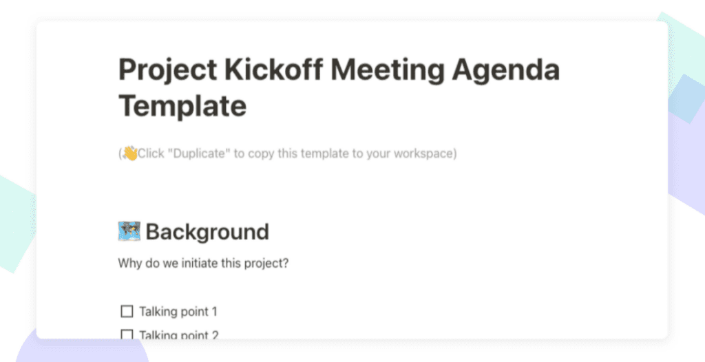 Project Kickoff Template agenda for meetings