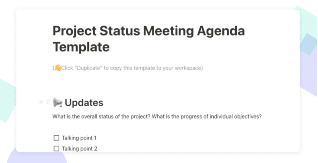 Project status meeting template and agenda