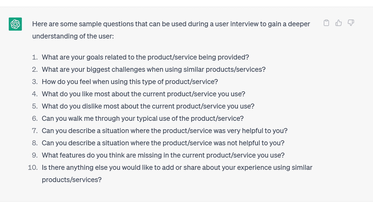 ChatGPT is able to suggest tons of user interview questions