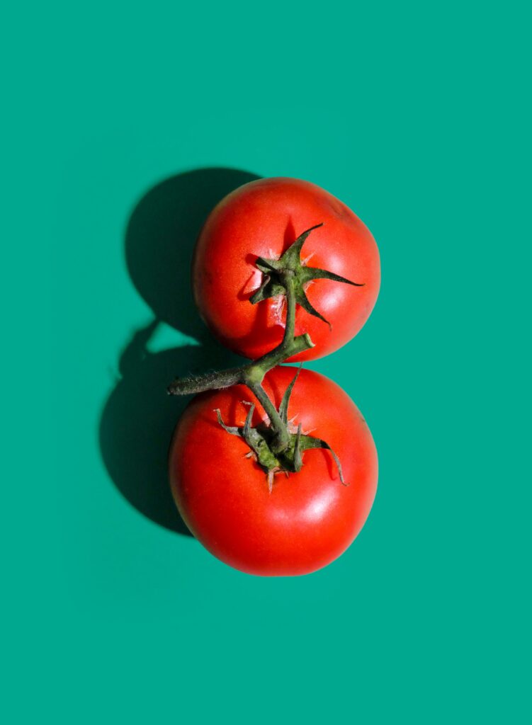 Two tomatoes against green background