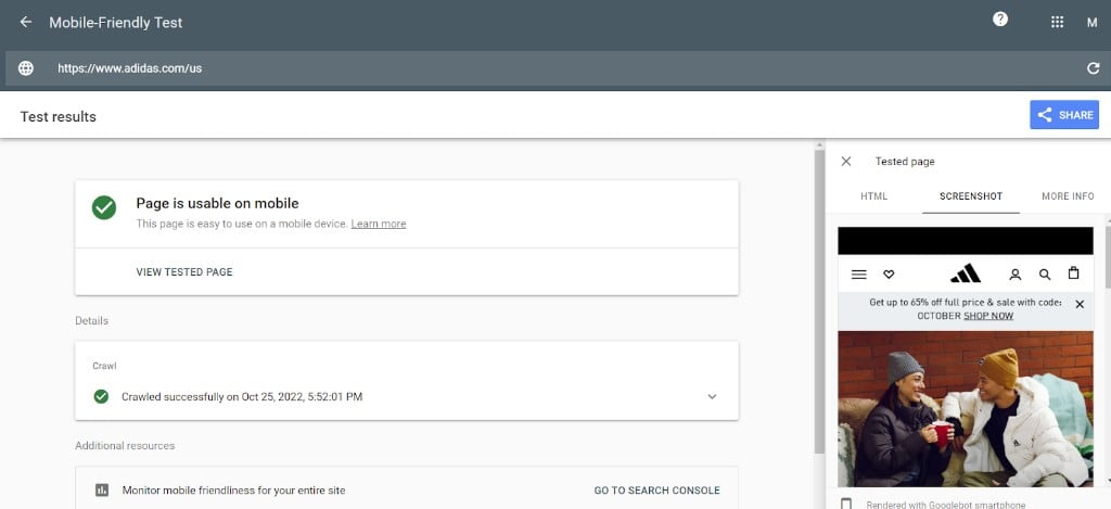 A report from Google Search Console on the Adidas mobile website