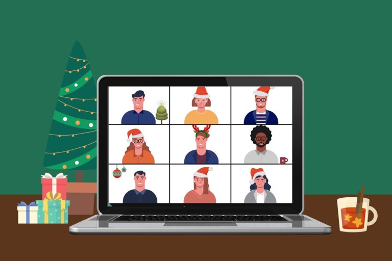 Illustration of a christmas party on zoom with 9 people on grid view