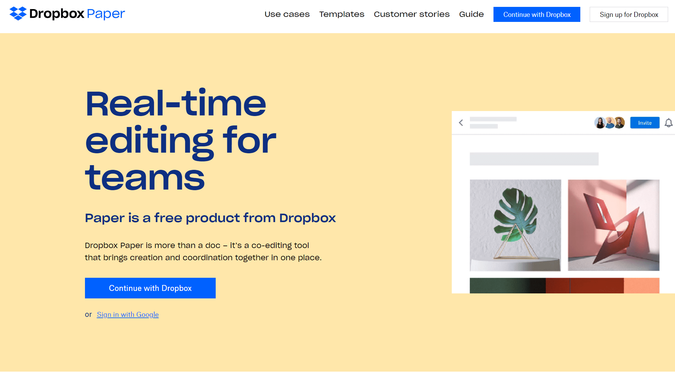 Dropbox Paper homescreen: Real-time editing for teams.