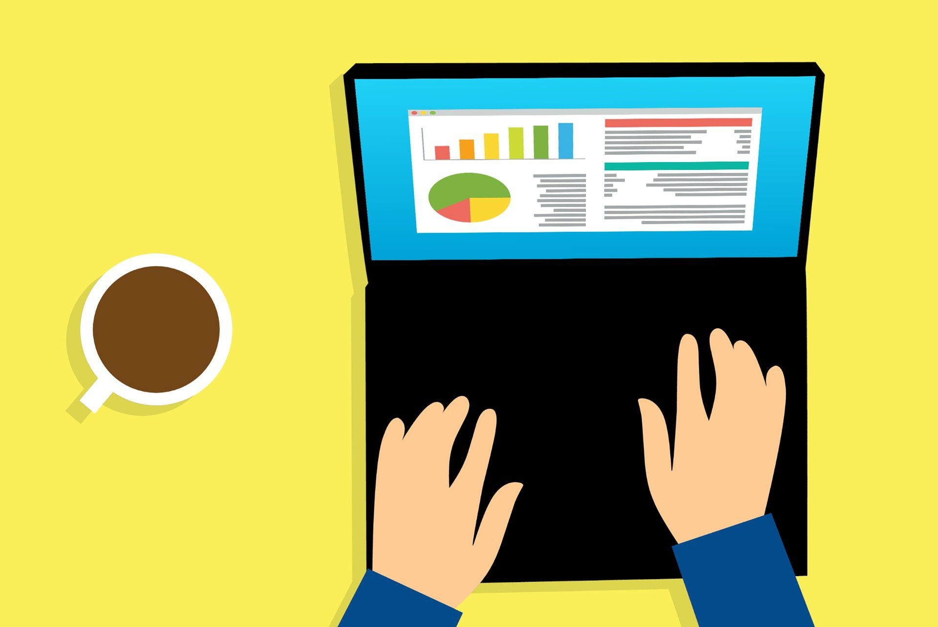 illustration of hands on laptop that shows graphs and analytics, along with a cup of coffee next to the laptop