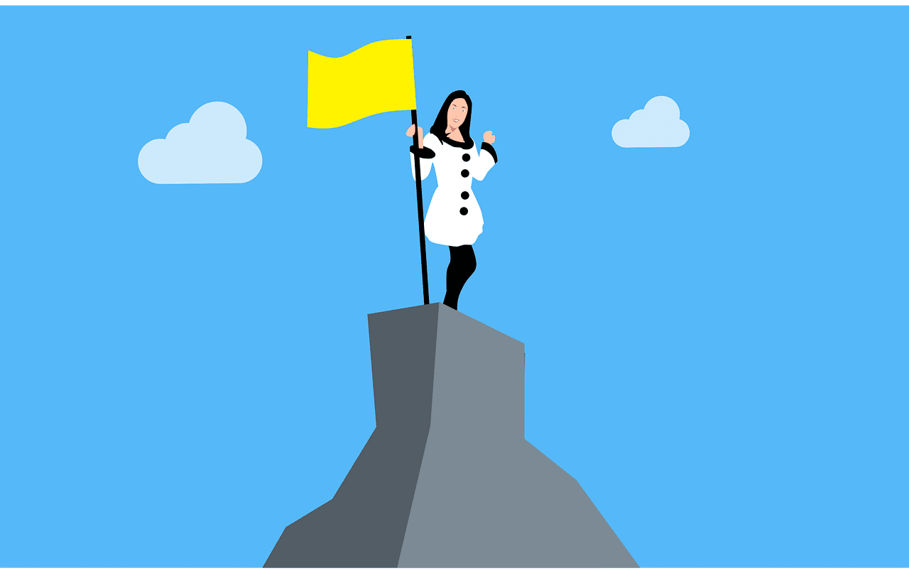 illustration of a business woman holding a flag at the top of a mountain