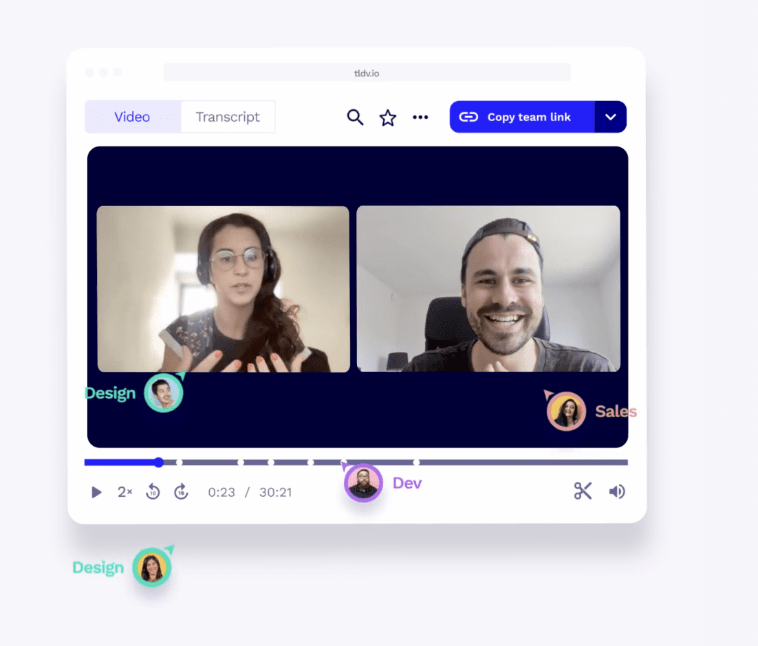 Image of someone using tldv to go through a video call and highlight parts for different people on the ux team