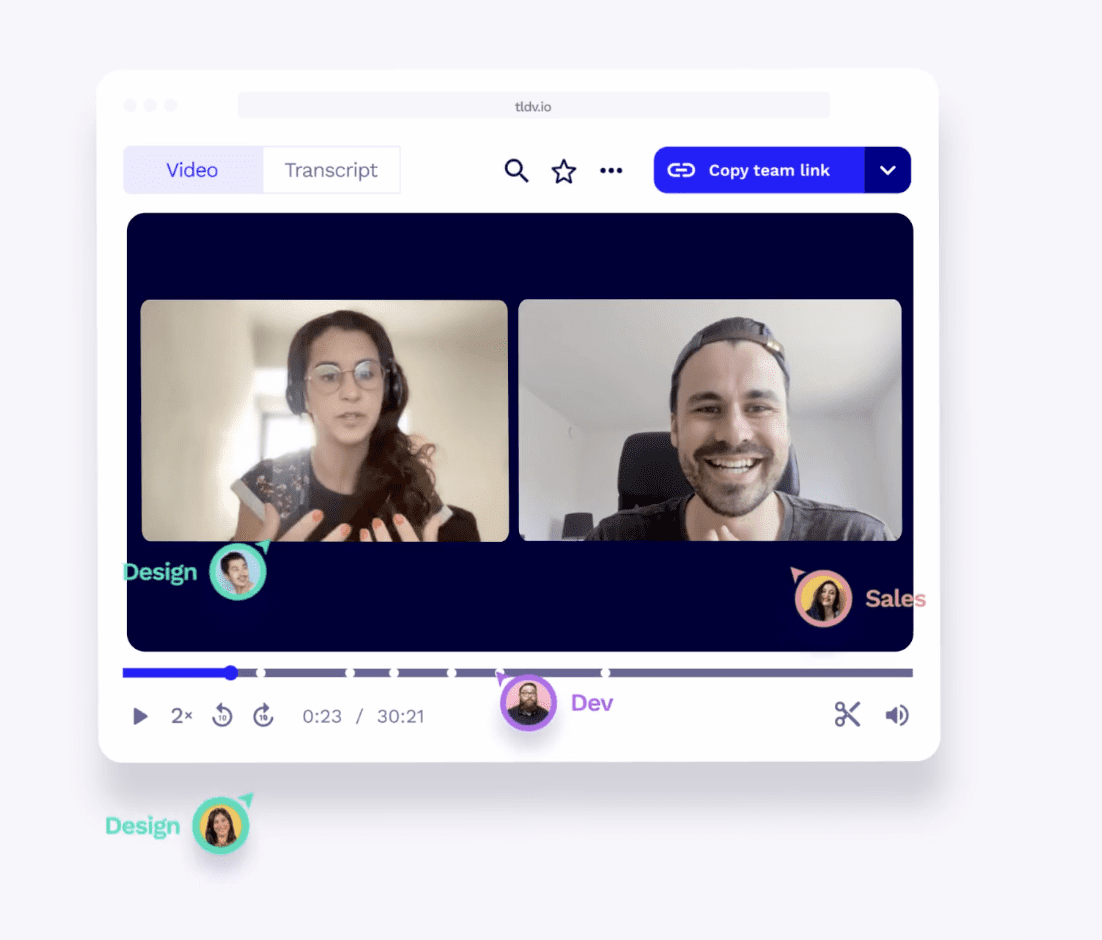 Изображение того, как кто-то использует tldv, чтобы пройти через видеозвонок и выделить части для разных людей в команде ux