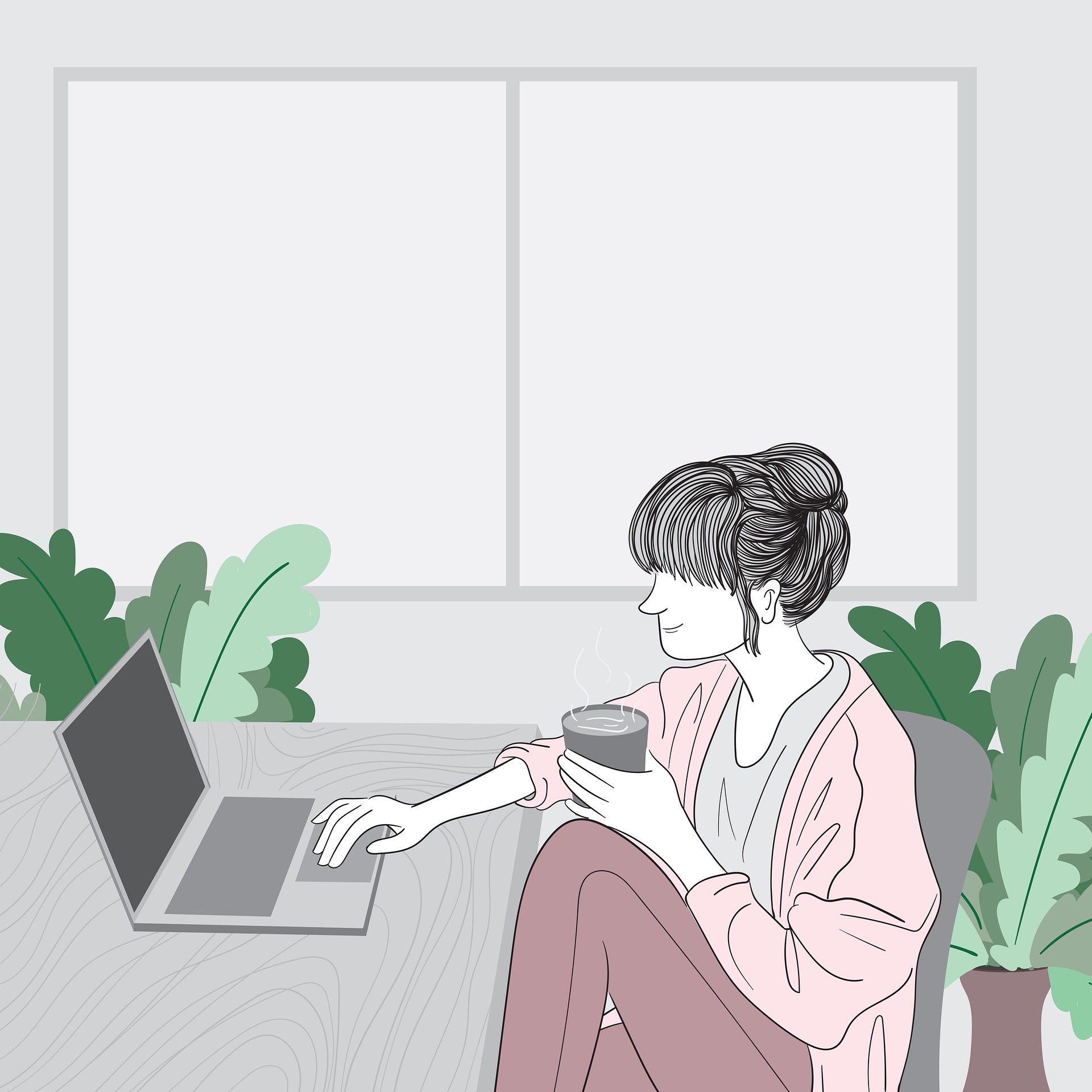 illustration of a woman casually sat at her desk with a coffee smiling