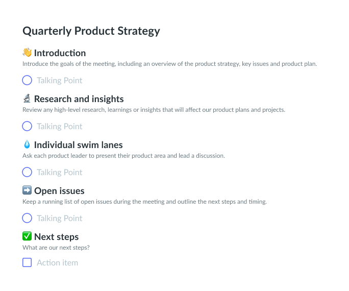 Un posible modelo para una reunión sobre estrategia de productos