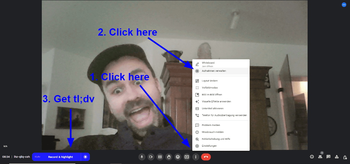 screenshot showing how to record on google meet