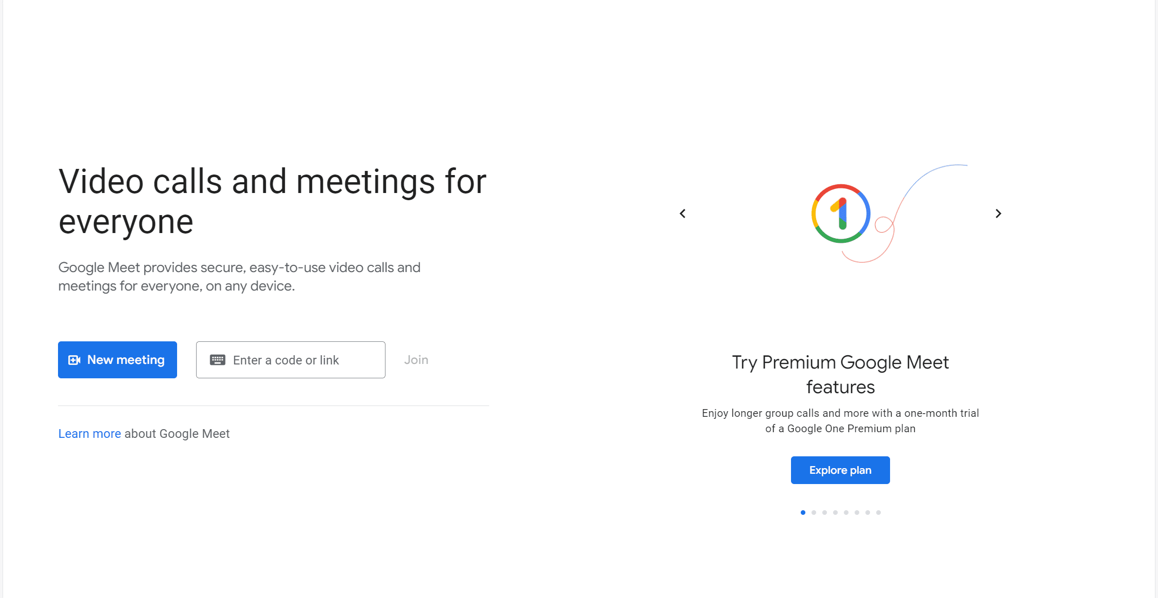 Google Meet Página de inicio
