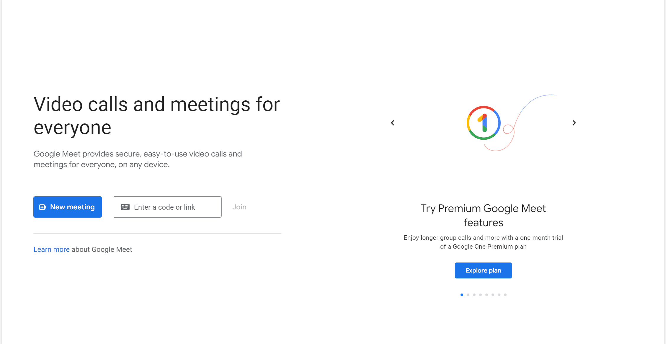 Google Meet homescreen