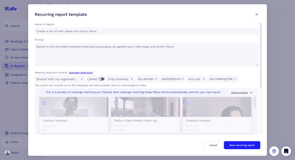 tldv rapport d'activités récurrentes