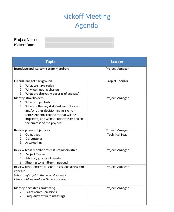 Kick-off meeting agenda template