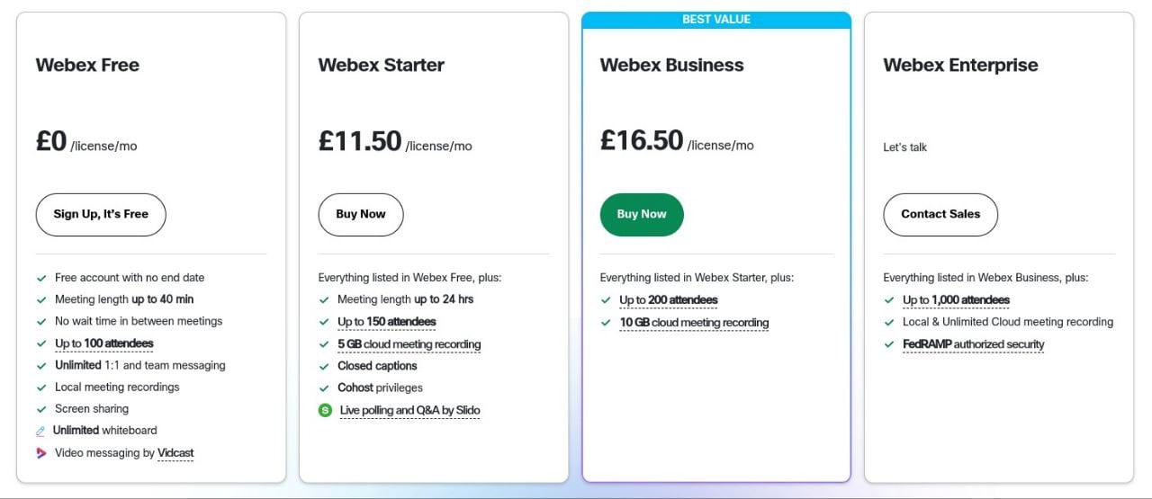 Webex pricing structure.