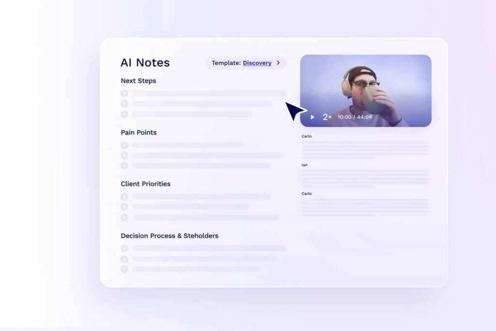 tldv interface with AI meeting note templates being selected by the user