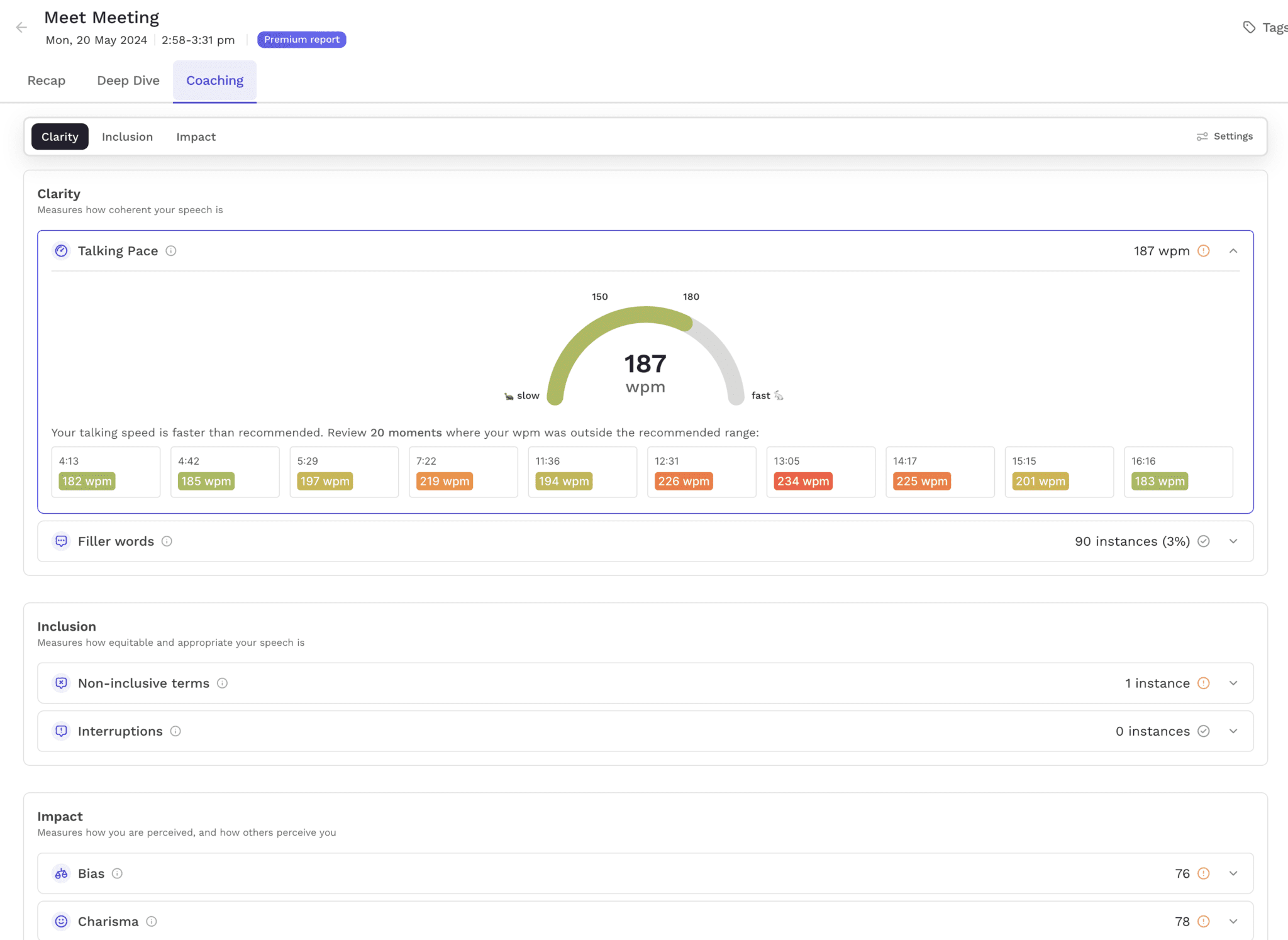 read.ai screenshot showing speaker speed analytics