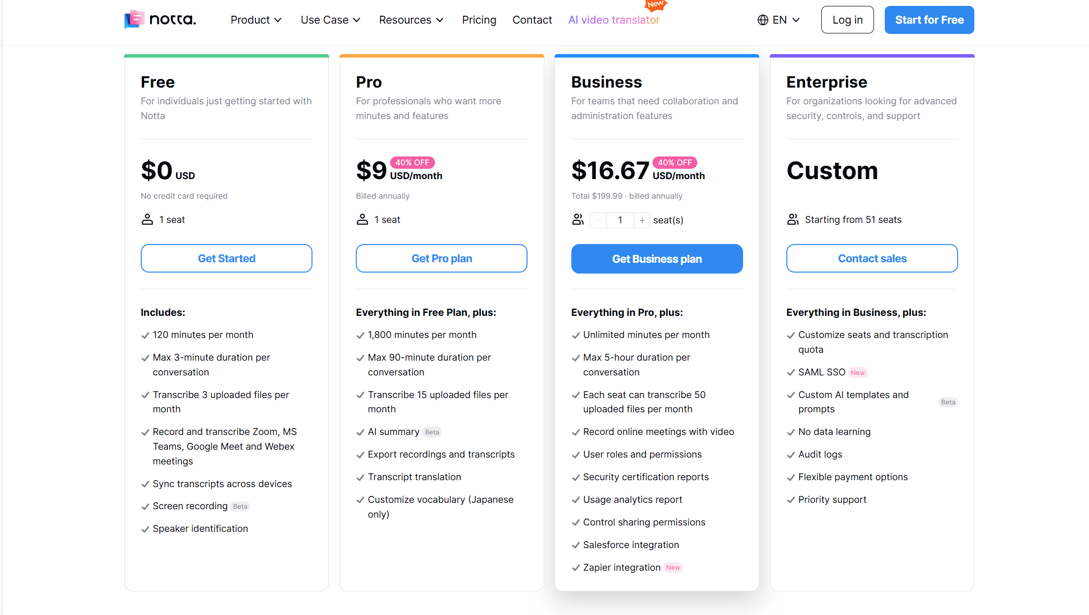 Notta's pricing as of June 2024.