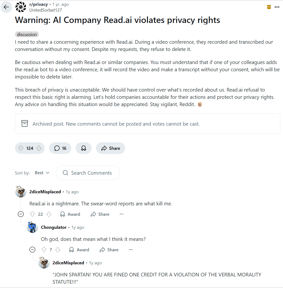 Read.ai Der Ruf von ist auf Reddit nicht besser.