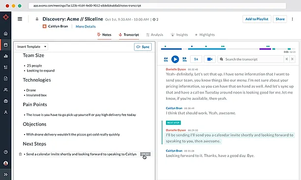 Avoma transcript screenshot