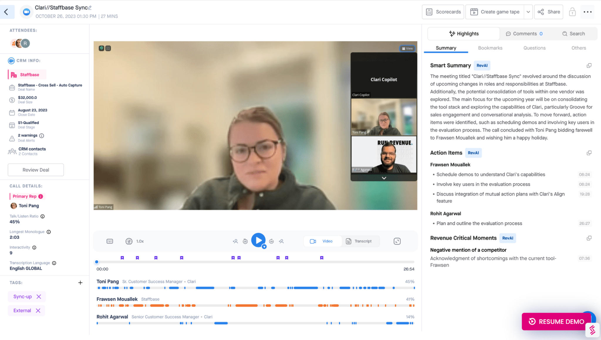 Clari Copilot's demo recording and AI summary