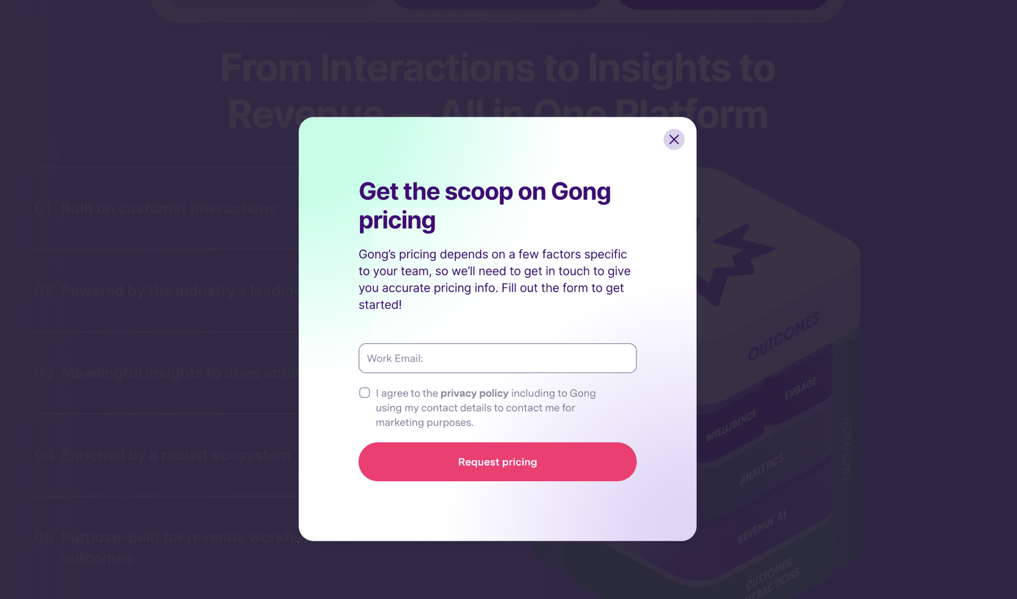 Pop up box on Gong.io's website that you need to sign up for to get any ideas of Gong.io's pricing