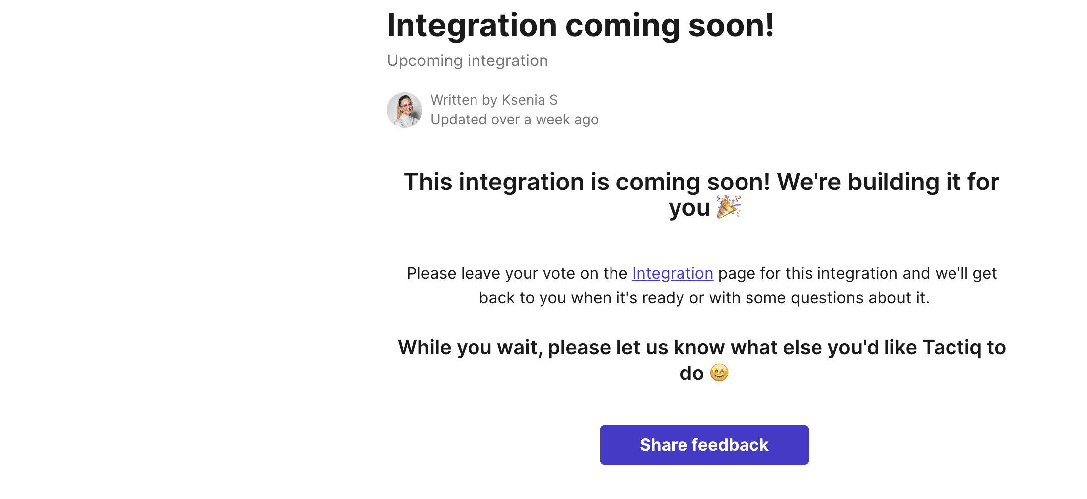 Screenshot of tactiq - Integrations are "coming soon"