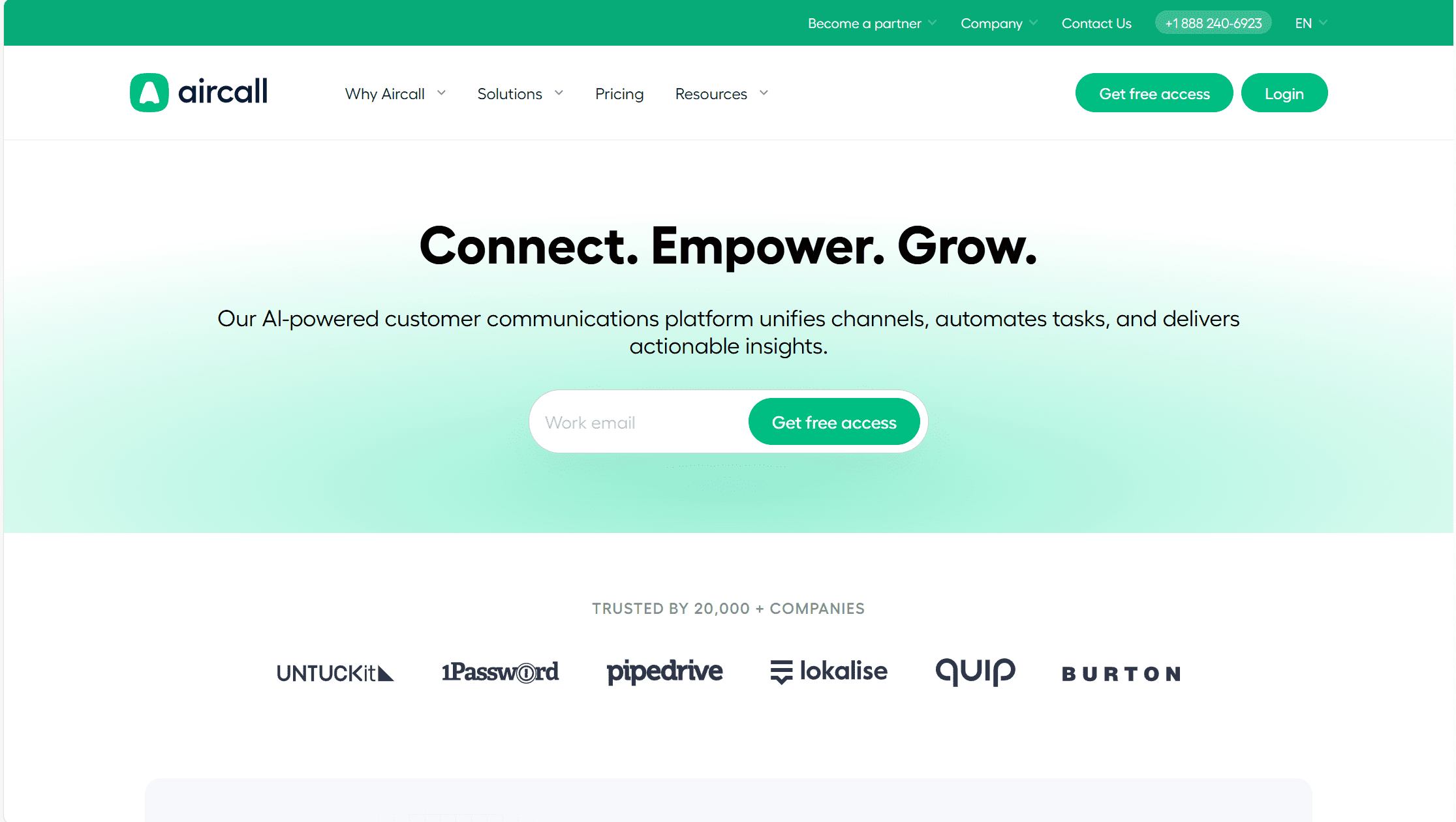 Aircall's homepage: connect, empower, grow.