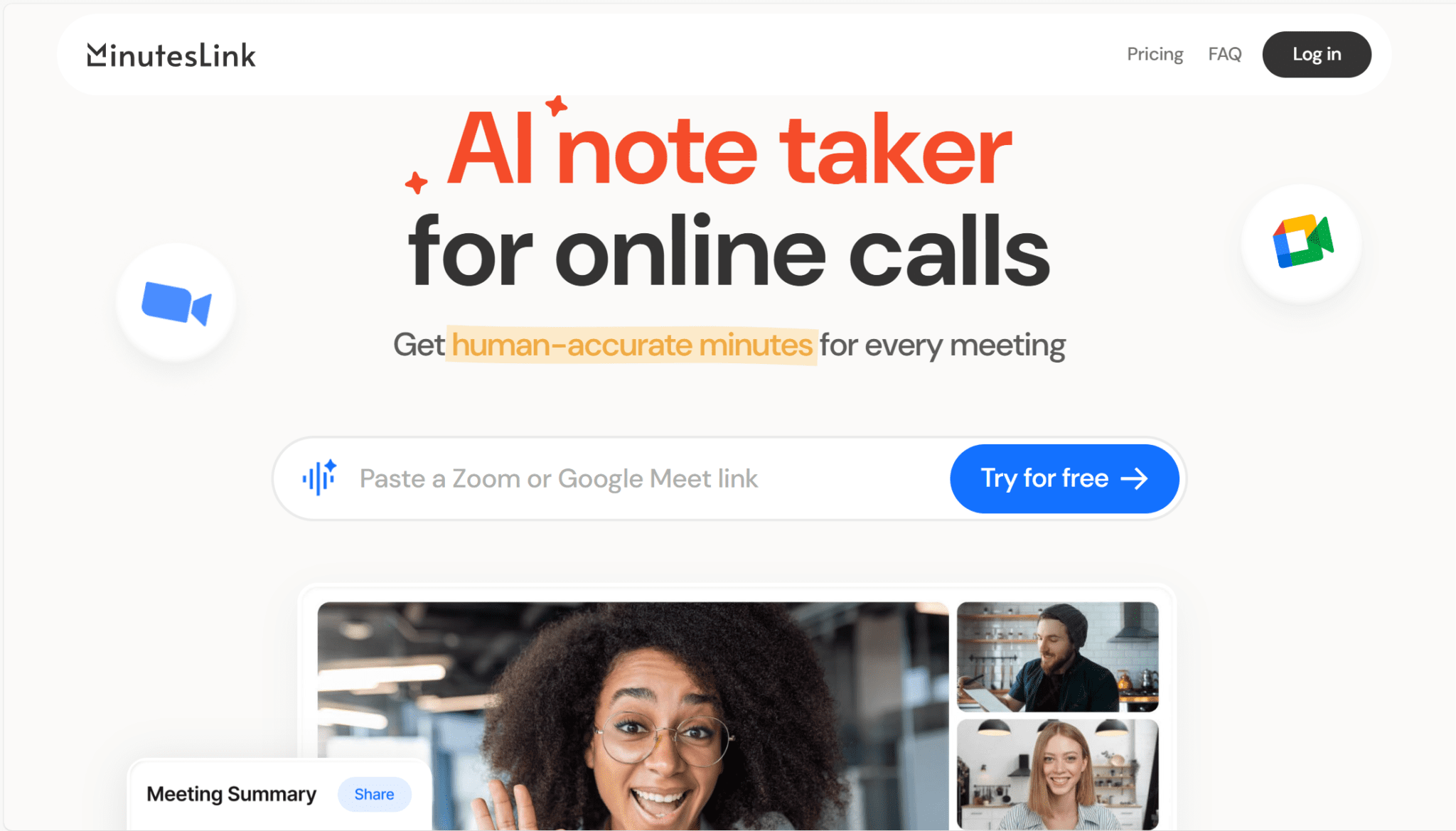 Page d'accueil de MinutesLink : une prise de notes AI pour les appels en ligne