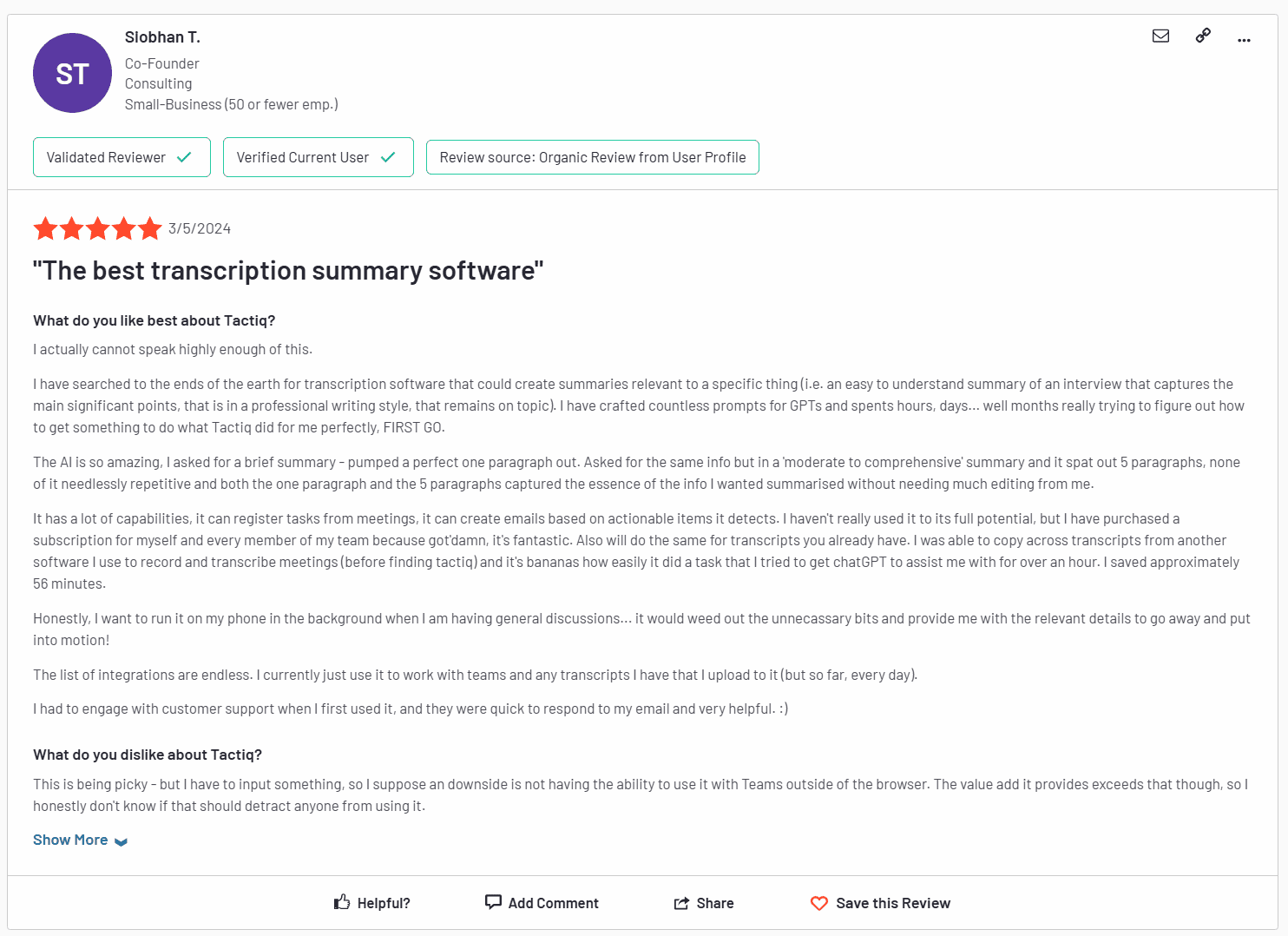 Tactiq's glowing 5 star review on G2