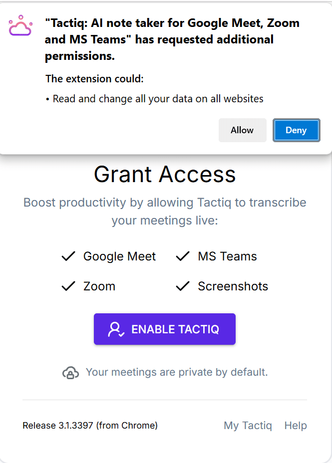 Tactiq's browser extension permission requests