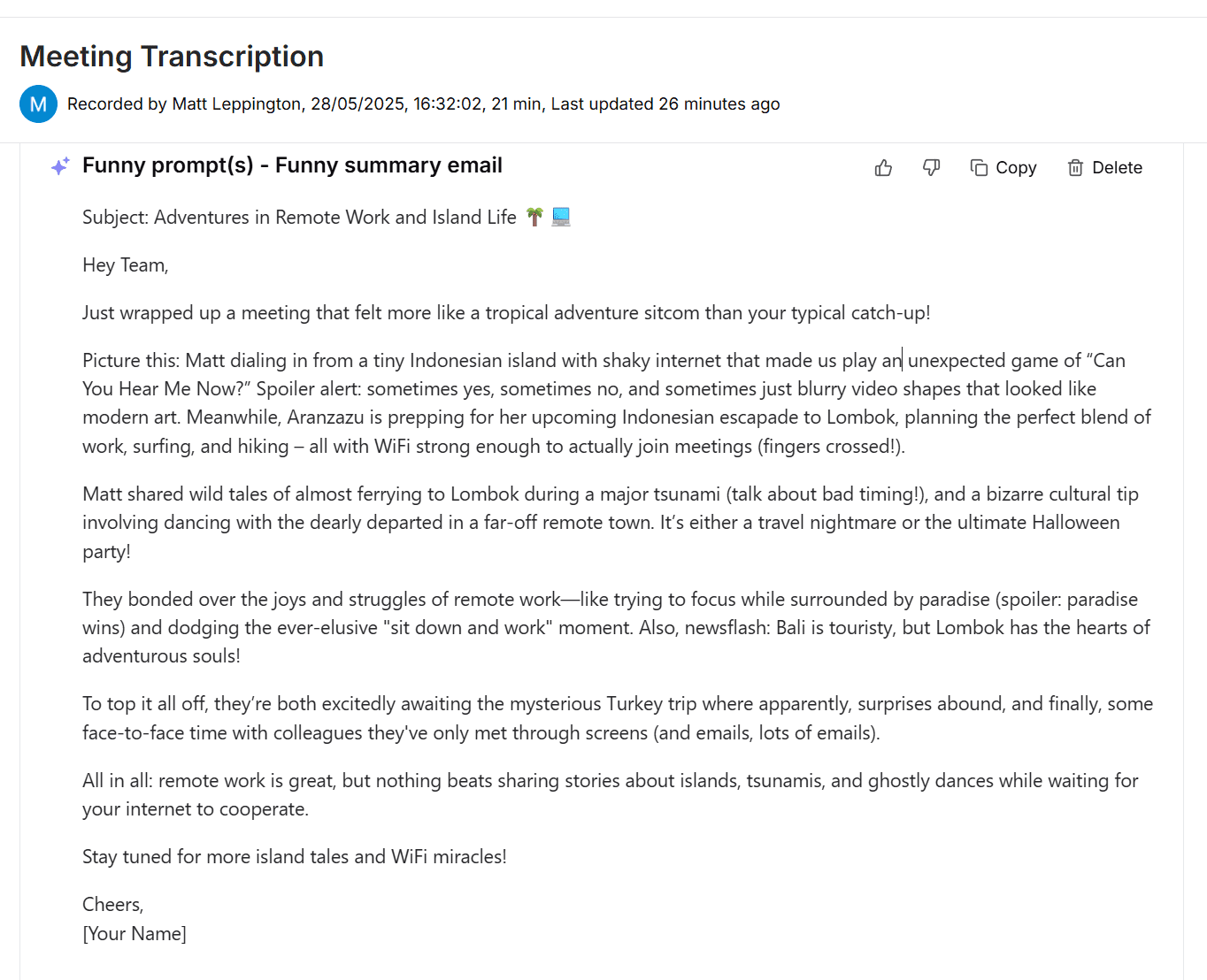 Tactiq's generated "funny email"