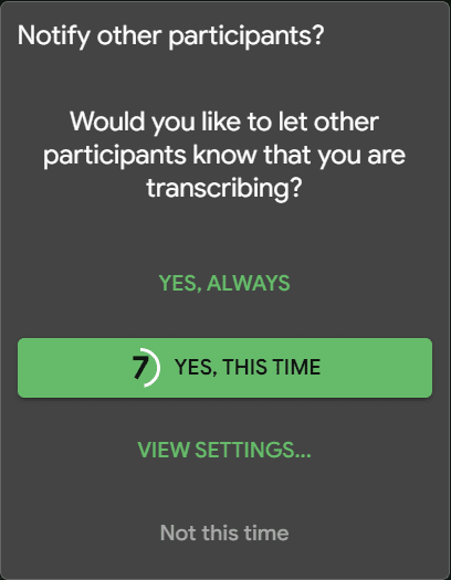Tactiq's notification when it joins a call