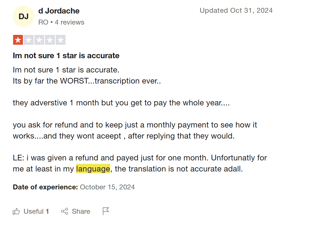 Reseña de Notta en TrustPilot: 1/5