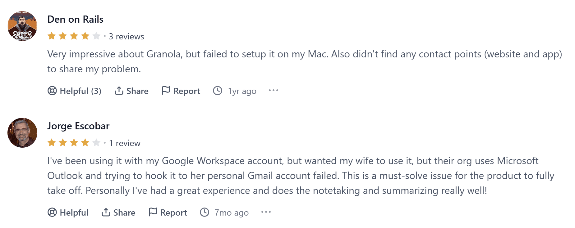 Dos opiniones de 4 estrellas sobre la Granola en ProductHunt.
