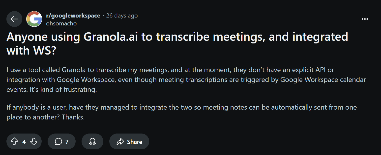Un post de Reddit de bajo compromiso sobre la débil integración de Granola