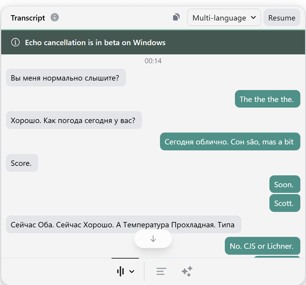 El intento de Granola de transcribir una lección de ruso.