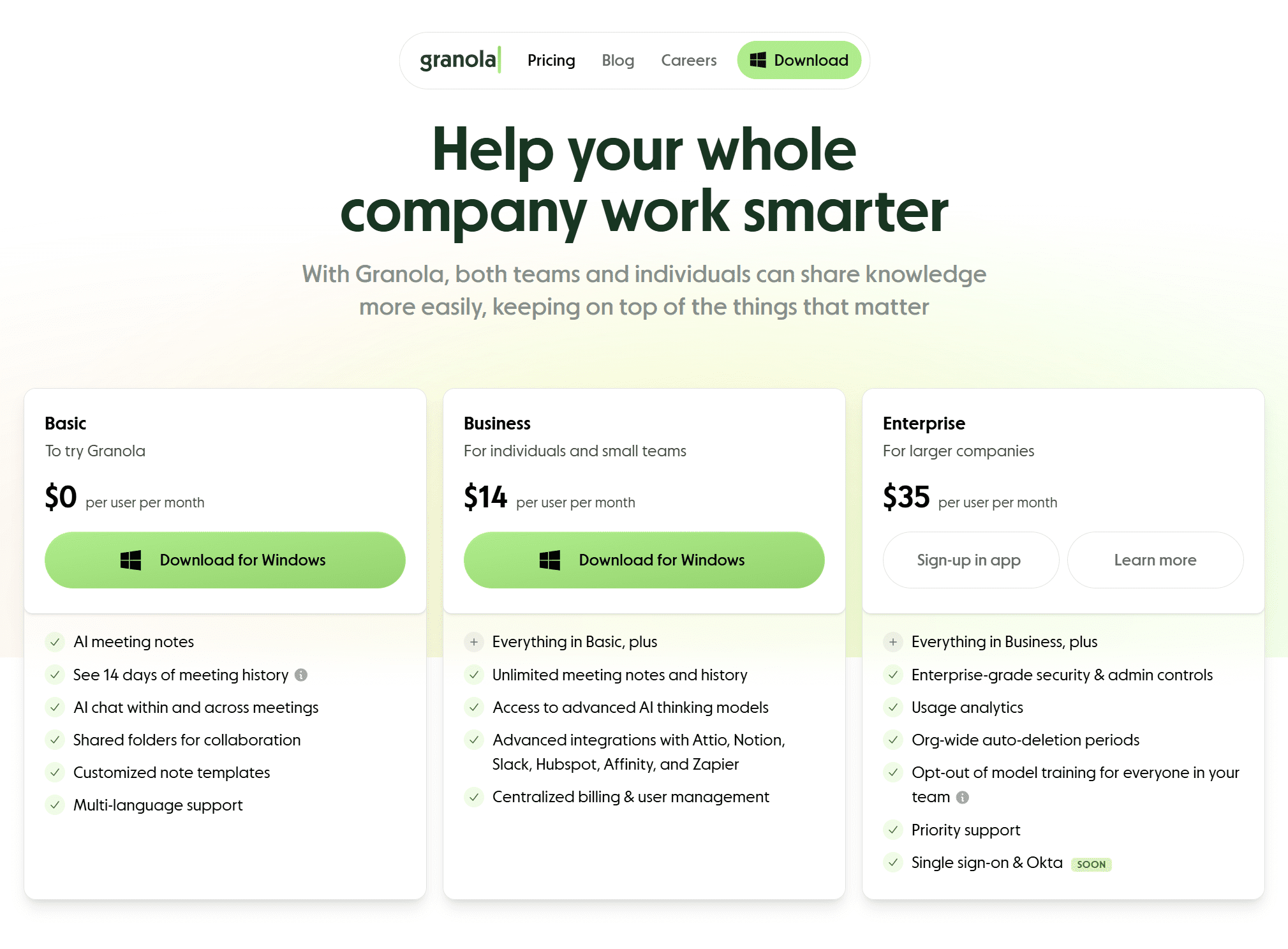 Granola Pricing as of 29th September 2025. Basic is free. Business is $14 per user per month. Enterprise is $35 per user per month.