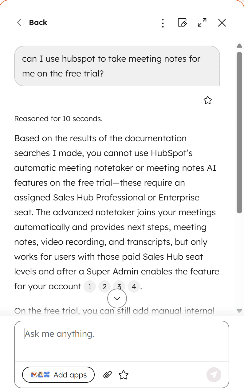 Não há assistente de reunião com IA disponível no plano gratuito da HubSpot. Ele é reservado para usuários dos planos Sales e Enterprise.