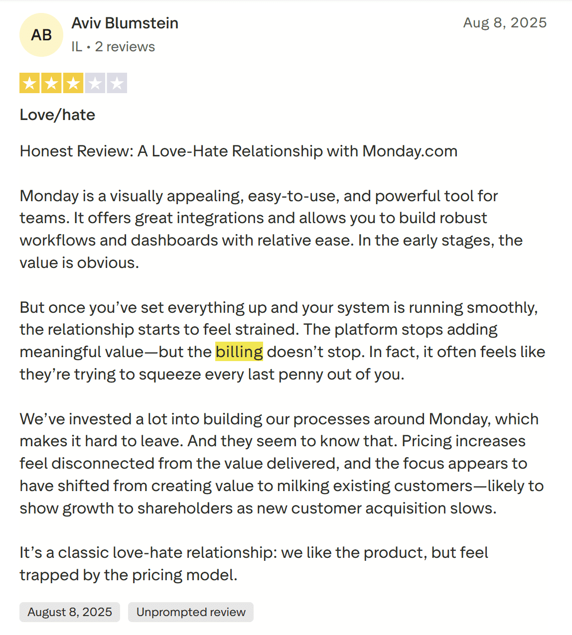 Eine weitere schlecht bewertete Trustpilot-Bewertung für Monday.com