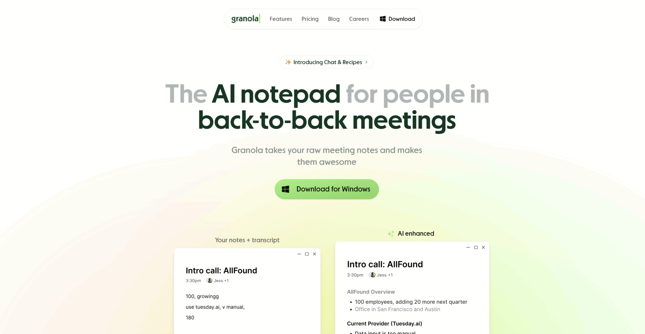 Granola's homepage as of November 24th 2025