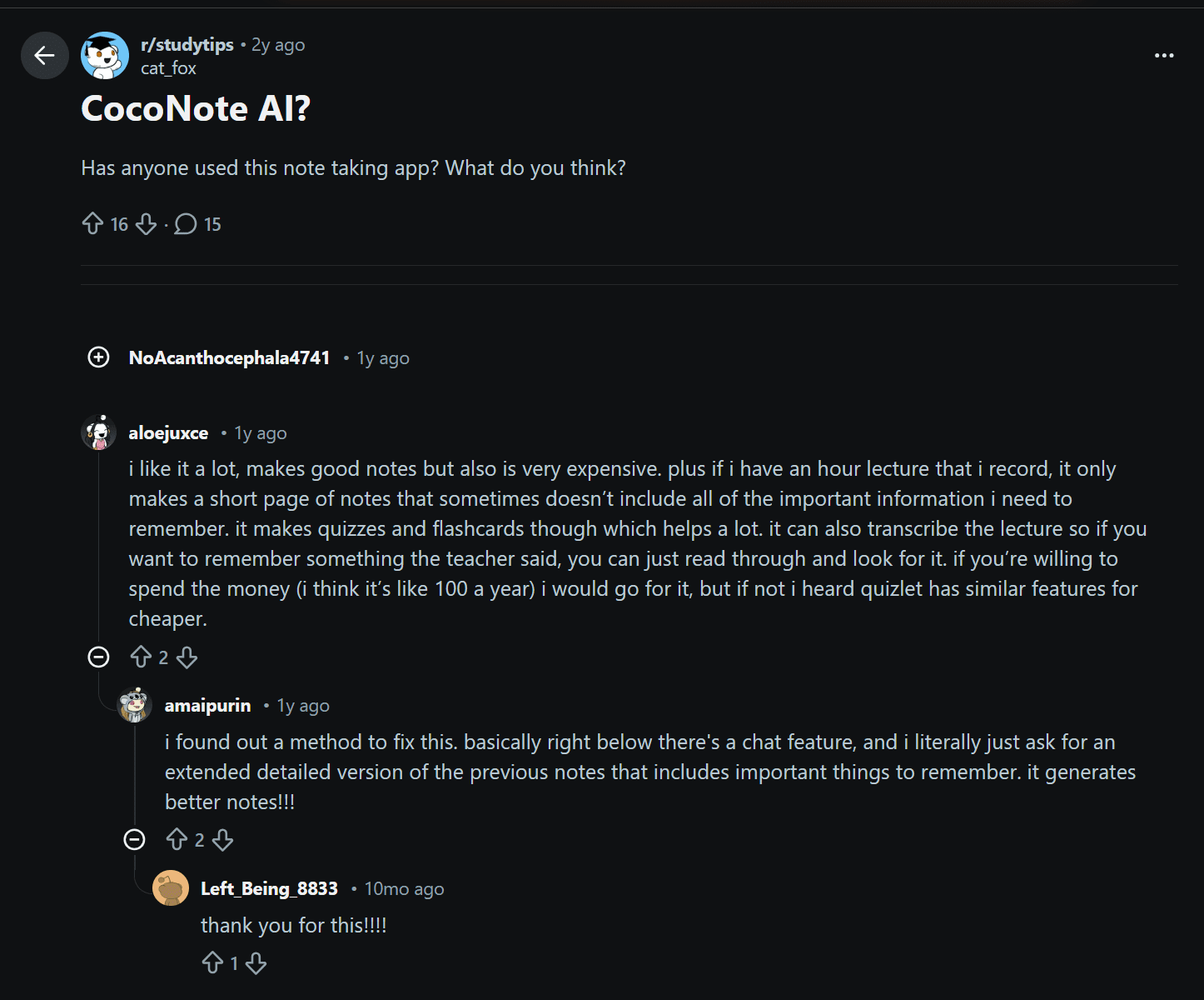 Coconote AI raccomandato su Reddit.