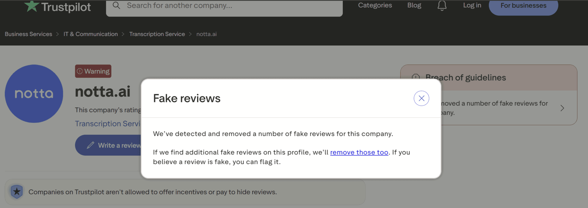 Notta usunęła recenzje z TrustPilot, ponieważ były one fałszywe.