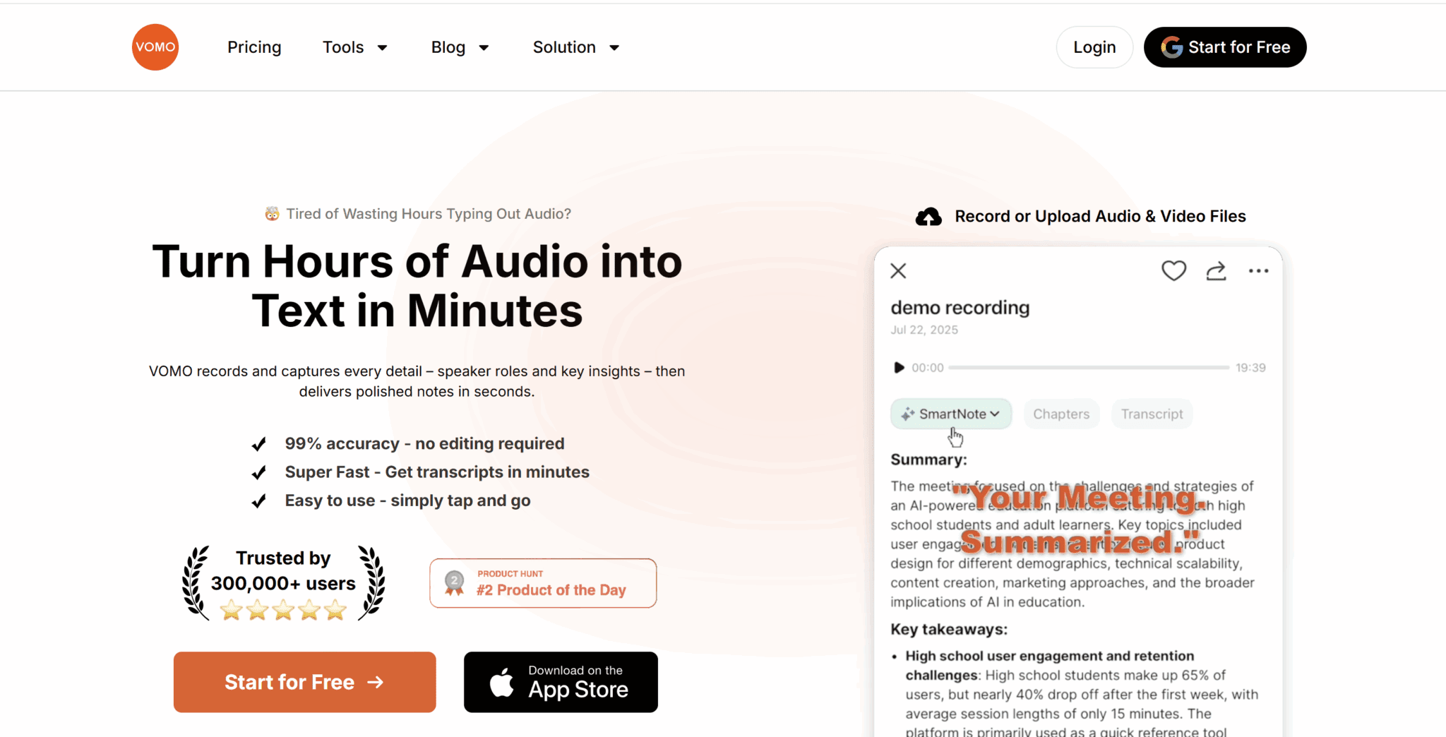 A screenshot of the Vomo AI homepage, displaying its clean interface, logo, and core features as of January 2026.