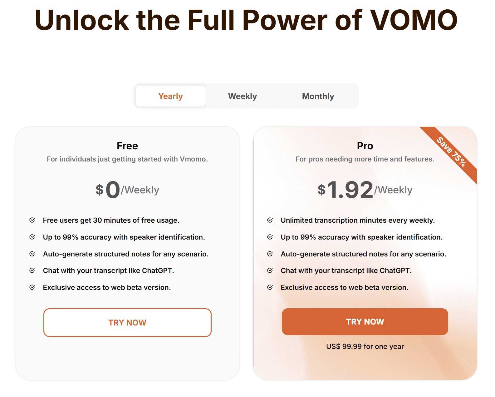 Vomo AI pricing as of Jan 2026. omo AI pricing page screenshot, detailing free and paid subscription plans for 2026.
