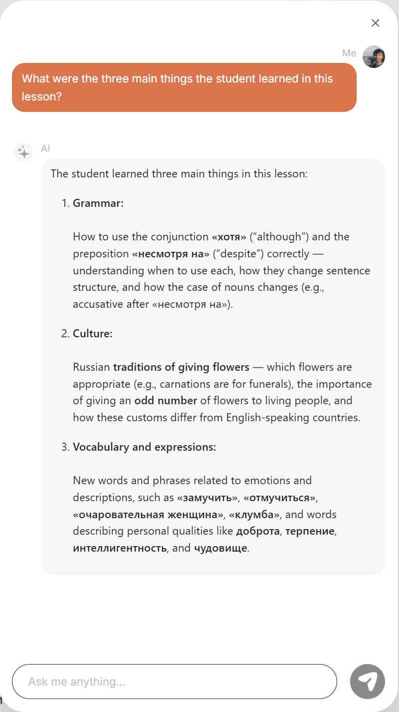 I asked Vomo AI for three specific things the student learned in their class.