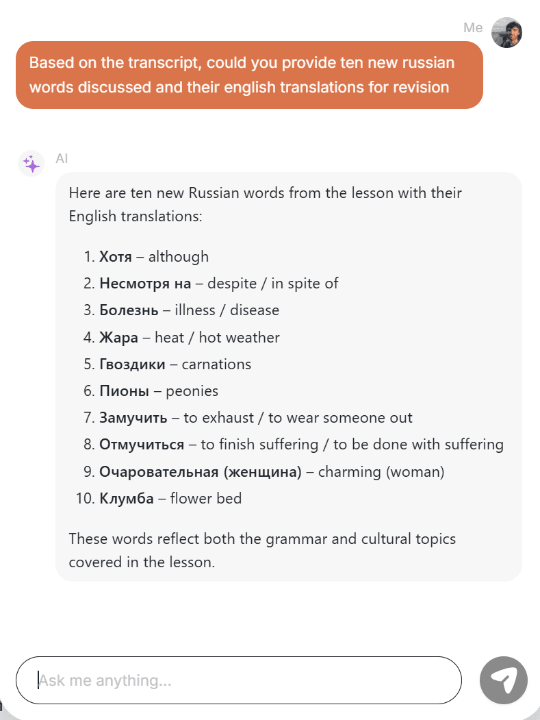 I asked Vomo AI for 10 new words I learned during that lesson.
